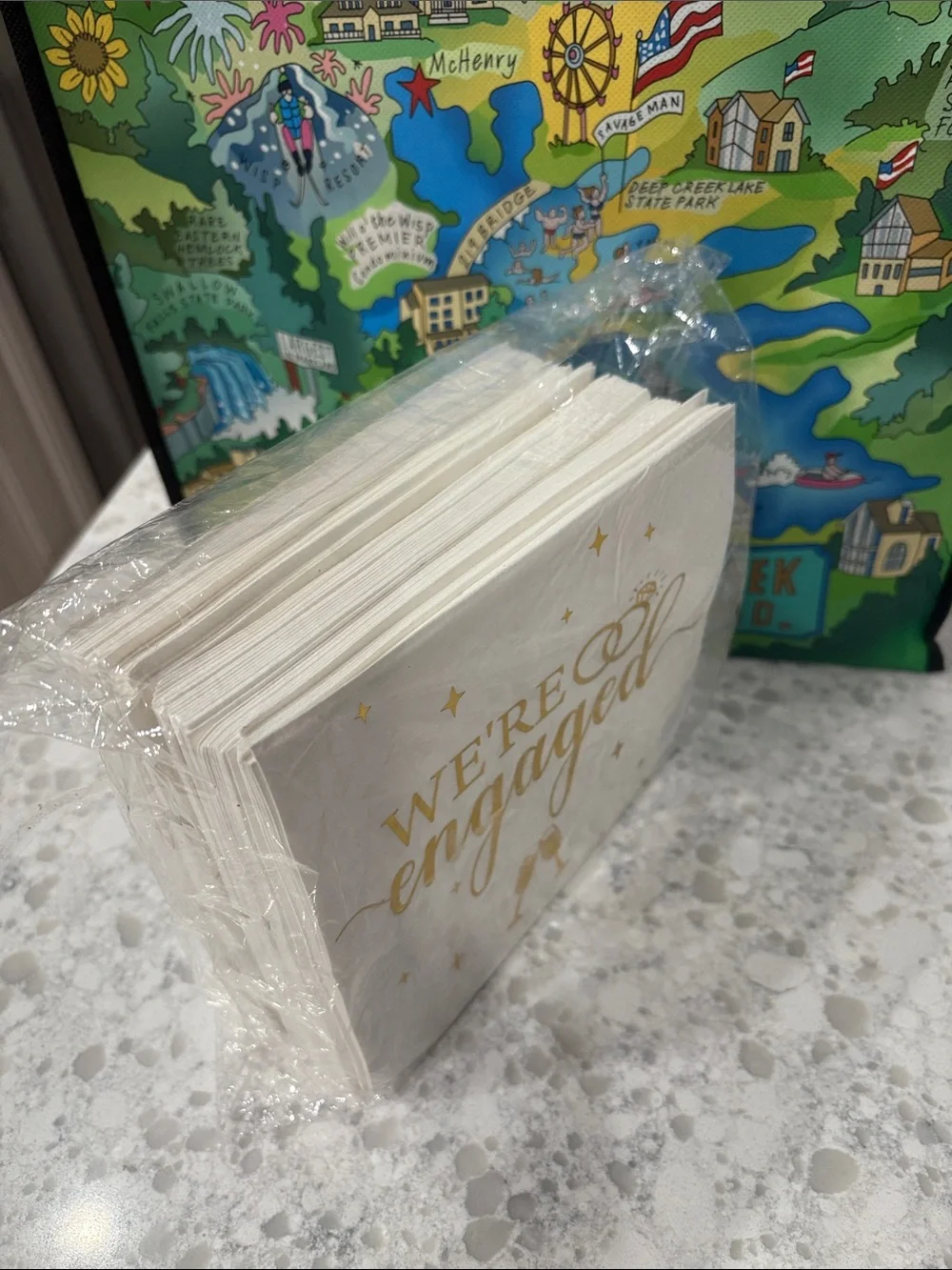 New set of 75 “We’re Engaged” gold foil print 6.5” x 6.5” white napkins 3-ply